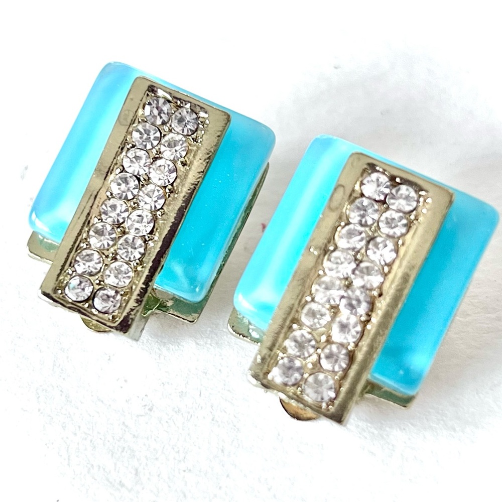 Vintage Earrings Turquoise Blue Faux Diamond MCM Ear Clips Hollywood Regency